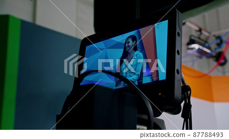the girl TV presenter is broadcasting live in the studio, communicating with the girl as a guest. prores422 87788493