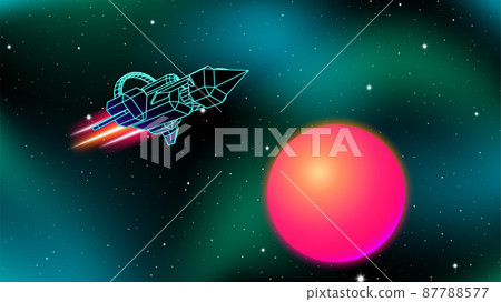 Space ship near the red sun retro sci-fi illustration. 80s styled universe with nebula and arcade wireframe spacecraft Space ship near the red sun retro sci-fi illustration. 80s styled universe with nebula and arcade wireframe spacecraft 87788577
