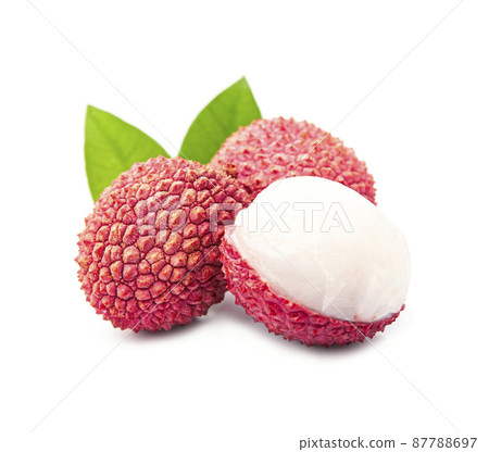 Sweet lychees with leaves on white backgrounds. Sweet lychees with leaves on white backgrounds. 87788697