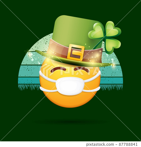 Vector Emoji sticker with mouth medical protection mask and saint Patricks green hat isolated on vintage background. Yellow st. Patrick s smile face character with hat and white surgeon mask. 87788841
