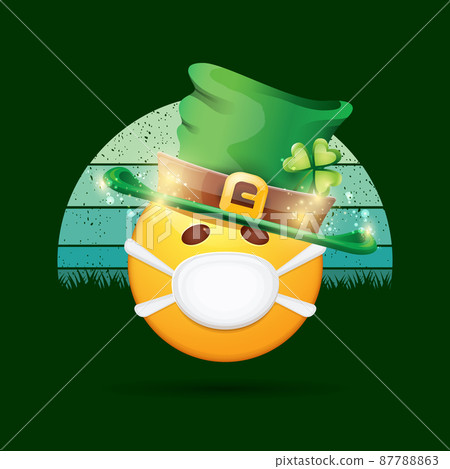 Vector Emoji sticker with mouth medical protection mask and saint Patricks green hat isolated on vintage background. Yellow st. Patrick s smile face character with hat and white surgeon mask. 87788863