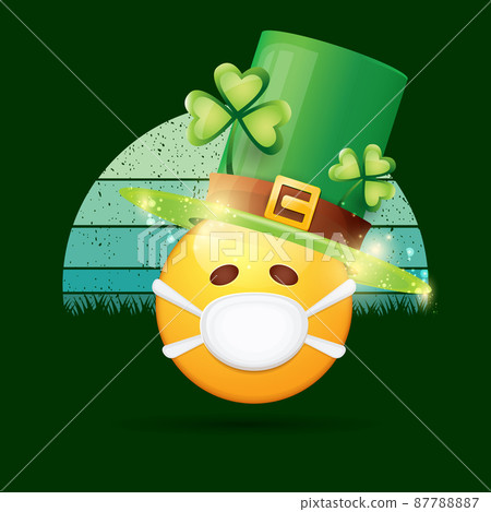 Vector Emoji sticker with mouth medical protection mask and saint Patricks green hat isolated on vintage background. Yellow st. Patrick s smile face character with hat and white surgeon mask. 87788887