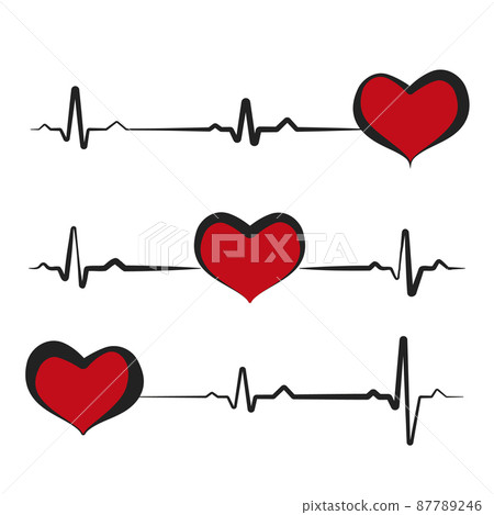 Black heartbeat with red heart isolated on white background. Electro-cardiogram, pulse of heart. Love icon, logo. Design element for medicine, Valentine's day. Vector illustration. EPS10. Black heartbeat with red heart isolated on white background. Electro-cardiogram, pulse of heart. Love icon, logo. Design element for medicine, Valentine's day. Vector illustration. EPS10. 87789246