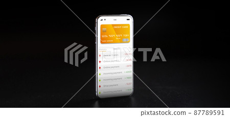 E banking concept. Mobile phone with internet online bank app. Credit card on black background. Online wallet save money. E banking concept. Mobile phone with internet online bank app. Credit card on black background. Online wallet save money. 87789591