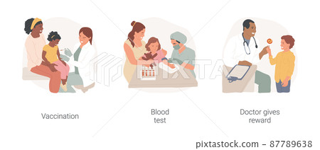 Visiting pediatrician isolated cartoon vector illustration set. Doctor making injection, child immunization schedule, nurse taking blood, kid crying, pediatrician gives reward vector cartoon. 87789638