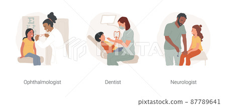 Visit specialist isolated cartoon vector illustration set. Pediatric ophthalmologist, eye specialist, kid in dentists chair, denta examination, child neurologist knocking knee vector cartoon. 87789641
