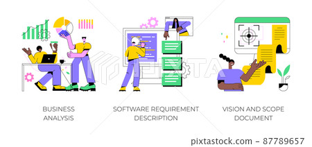 Project development specifications abstract concept vector illustration set. Business analysis, software requirement description, vision and scope document, SWOT analysis, user case abstract metaphor. Project development specifications abstract concept vector illustration set. Business analysis, software requirement description, vision and scope document, SWOT analysis, user case abstract metaphor. 87789657
