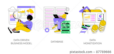 Data business strategy abstract concept vector illustration set. Data driven business model, database, data monetization, decision making, information storage, analysis service abstract metaphor. Data business strategy abstract concept vector illustration set. Data driven business model, database, data monetization, decision making, information storage, analysis service abstract metaphor. 87789666