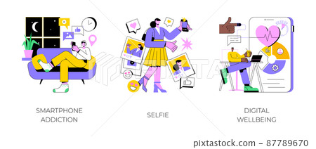 Digital culture abstract concept vector illustration set. Smartphone addiction, selfie, digital wellbeing, phone checking, social network, digital camera, stress management abstract metaphor. Digital culture abstract concept vector illustration set. Smartphone addiction, selfie, digital wellbeing, phone checking, social network, digital camera, stress management abstract metaphor. 87789670