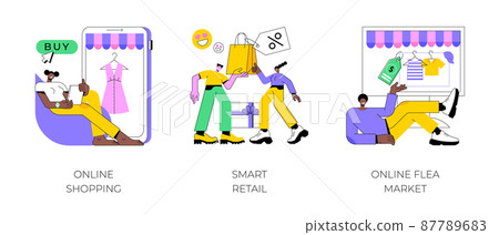 E-commerce platform abstract concept vector illustration set. Online shopping, smart retail, online flea market, internet store, mobile application, digital product catalog, auction abstract metaphor. 87789683