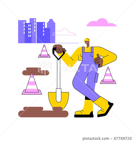 Road works abstract concept vector illustration. Road construction and repair, restricted driving conditions, partly motorway closure, detour due to works, speed limit sign abstract metaphor. 87789720