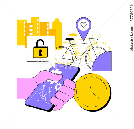 Bike sharing abstract concept vector illustration. Public bike rental, bicycle sharing application, green urban transportation, book a ride online, ecological city transport abstract metaphor. Bike sharing abstract concept vector illustration. Public bike rental, bicycle sharing application, green urban transportation, book a ride online, ecological city transport abstract metaphor. 87789756
