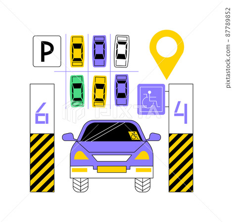 Parking area abstract concept vector illustration. Parking space, empty place, lot of cars, angle perpendicular parallel, road sign marking, underground garage, disabled zone abstract metaphor. 87789852