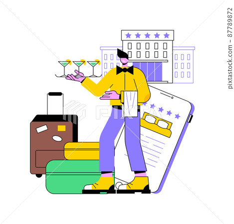 Lifestyle hotel abstract concept vector illustration. Hospitality industry, cutting-edge resort, online booking, traveler review, free breakfast, wi-fi and parking, sea shore abstract metaphor. 87789872