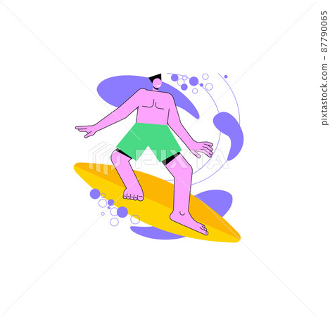 Surfing abstract concept vector illustration. Water sport, holiday fun, ocean wave, palm beach, summer vacation, swim wetsuit, surfing school, surf board, extreme video abstract metaphor. 87790065