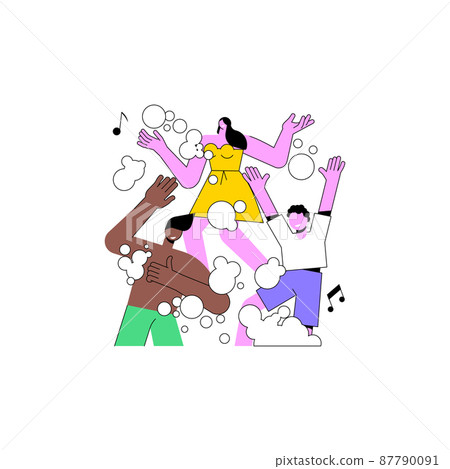 Foam party abstract concept vector illustration. Dancing in bubles and suds, foam party entertainment, wet t-shirts, swimming suits, dance floor, festival in aquapark, open air abstract metaphor. 87790091