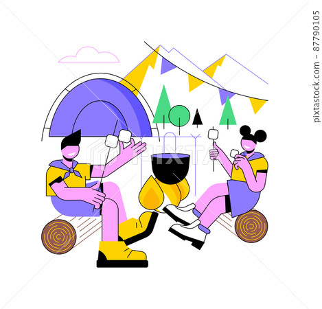 Summer camping abstract concept vector illustration. Caravan camping service, accommodation, national park, summer adventure, tourism for kids, scout program, survival skills abstract metaphor. 87790105