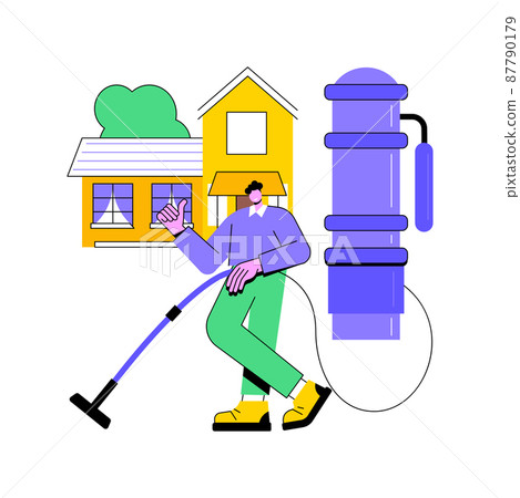 Central vacuum system abstract concept vector illustration. House appliance, remove dirt, central vacuum installation, home cleaning, filter bag, contractor service, equipment abstract metaphor. 87790179