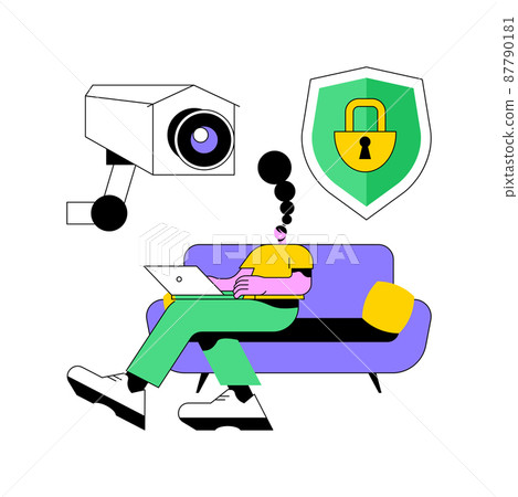 Indoor security system abstract concept vector illustration. Smart house installation, mobile application, control center, smartphone operated home security system, door lock abstract metaphor. 87790181
