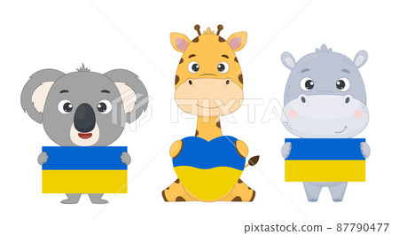 Cute cartoon animals.Koala, giraffe and hippopotamus holding the Ukrainian flag in their hands.Vector illustration in support of Ukraine Cute cartoon animals.Koala, giraffe and hippopotamus holding the Ukrainian flag in their hands.Vector illustration in support of Ukraine 87790477