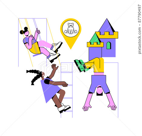 Playroom for kids abstract concept vector illustration. Playing space for kids, indoor playgrounds, all in one children activity, toys and furniture, neutral home playroom decor abstract metaphor. 87790497