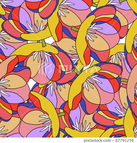 Spring colorful vector illustration with rainbow tulips. Cartoon style. Design for fabric, textile, paper. Holiday print for Easter, Birthday, 8 March. Flowers with leaves 87791256