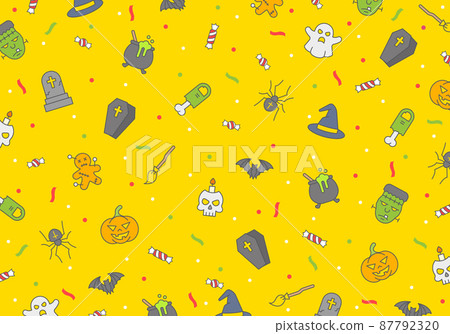 Halloween seamless vector pattern, horror elements, halloween poster with ghosts, bats, pumpkin, skulls and zombies on yellow background. Halloween seamless vector pattern, horror elements, halloween poster with ghosts, bats, pumpkin, skulls and zombies on yellow background. 87792320
