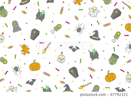 Halloween seamless vector pattern, horror elements, halloween poster with ghosts, bats, pumpkin, skulls and zombies on white background. 87792321