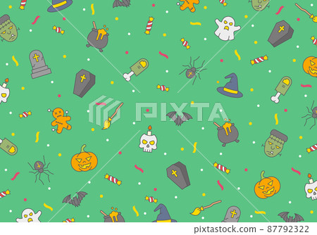 Halloween seamless vector pattern, horror elements, halloween poster with ghosts, bats, pumpkin, skulls and zombies on green background. 87792322