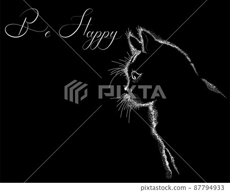 drawing of a kitten on a black background with a wish to be happy drawing of a kitten on a black background with a wish to be happy 87794933