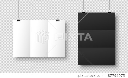 Realistic blank hanging paper sheets in A4 size with shadow on checkered background. Black and white 87794975