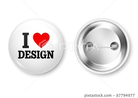 Realistic white and black badges with text and red heart. I love design. 3D glossy round button. Pin 87794977