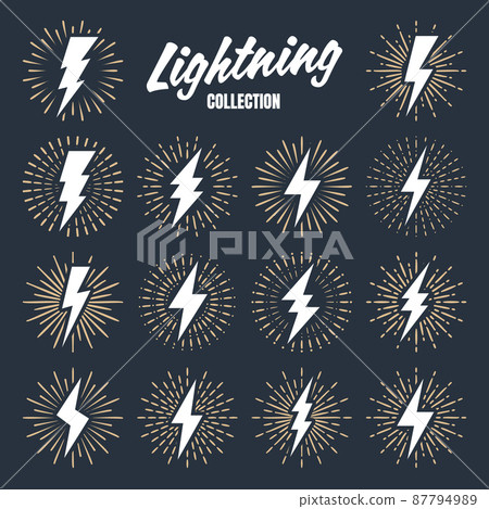 Set of vintage lightning bolts and sunrays. Lightnings with sunburst effect. Thunderbolt, electric 87794989