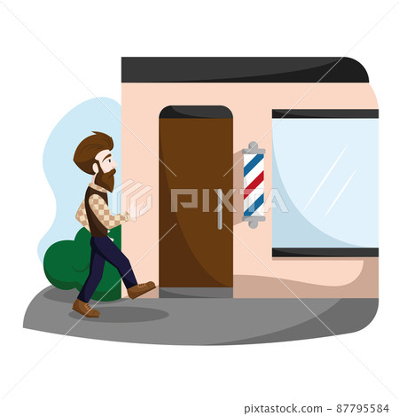 Happy hipster character getting in a barber shop Vector 87795584