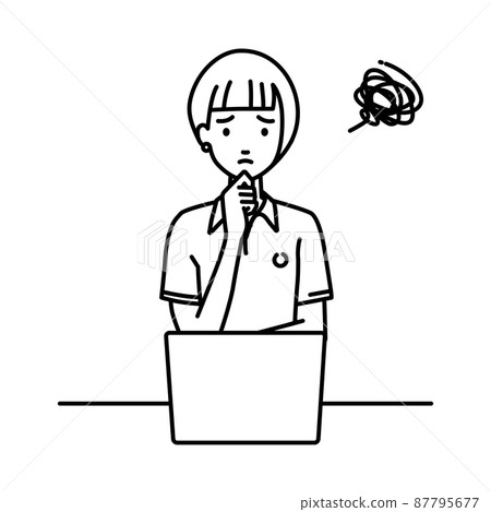 A woman in a polo shirt sitting at a desk and opening her PC 87795677