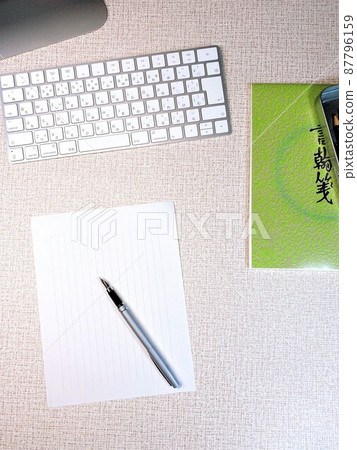 Letters, stationery and fountain pens, greetings of the time, vertical position 87796159