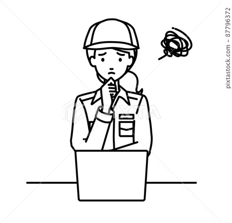 A female worker who is in trouble sitting at a desk and opening a PC A female worker who is in trouble sitting at a desk and opening a PC 87796372