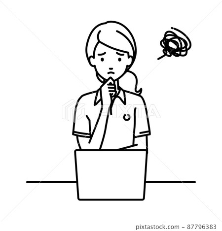 A woman in a polo shirt sitting at a desk and opening her PC 87796383