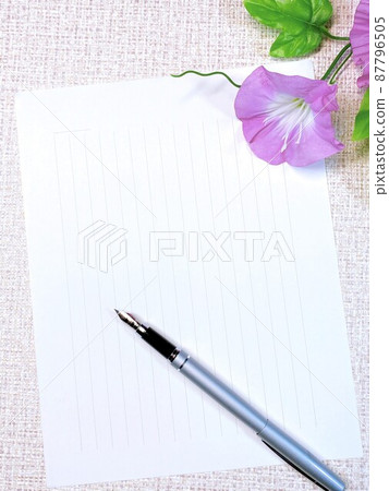 Letter, summer greeting, stationery and fountain pen, morning glory, vertical position Letter, summer greeting, stationery and fountain pen, morning glory, vertical position 87796505