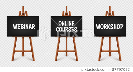 Realistic paint desk with text on black canvas. Wooden easel and a sheet of drawing paper 87797052