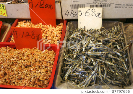 Dried shrimp sold at a dry food store in the west of Des Voeux Road, Hong Kong. (Left) Prices vary depending on the place of origin and size Dried shrimp sold at a dry food store in the west of Des Voeux Road, Hong Kong. (Left) Prices vary depending on the place of origin and size 87797696