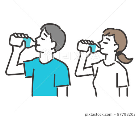年輕男女補水/夏季/中暑/PET瓶的矢量圖解 87798202