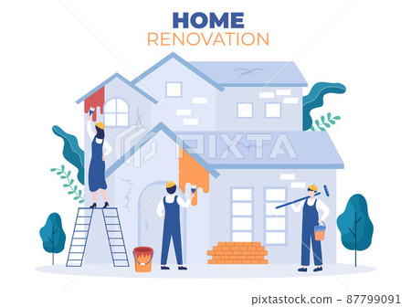 Home Renovation or Repair with Construction Tools, Laying Floor Tiles and Painting Wall to Good Decoration Condition in Flat Background Illustration 87799091