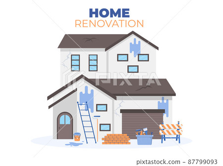 Home Renovation or Repair with Construction Tools, Laying Floor Tiles and Painting Wall to Good Decoration Condition in Flat Background Illustration 87799093