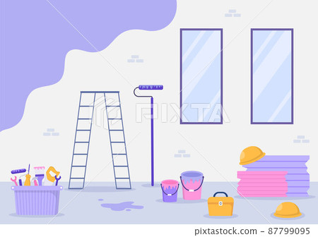 Home Renovation or Repair with Construction Tools, Laying Floor Tiles and Painting Wall to Good Decoration Condition in Flat Background Illustration Home Renovation or Repair with Construction Tools, Laying Floor Tiles and Painting Wall to Good Decoration Condition in Flat Background Illustration 87799095