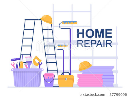 Home Renovation or Repair with Construction Tools, Laying Floor Tiles and Painting Wall to Good Decoration Condition in Flat Background Illustration Home Renovation or Repair with Construction Tools, Laying Floor Tiles and Painting Wall to Good Decoration Condition in Flat Background Illustration 87799096