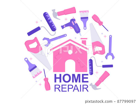 Home Renovation or Repair with Construction Tools, Laying Floor Tiles and Painting Wall to Good Decoration Condition in Flat Background Illustration 87799097