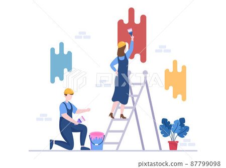 Home Renovation or Repair with Construction Tools, Laying Floor Tiles and Painting Wall to Good Decoration Condition in Flat Background Illustration Home Renovation or Repair with Construction Tools, Laying Floor Tiles and Painting Wall to Good Decoration Condition in Flat Background Illustration 87799098