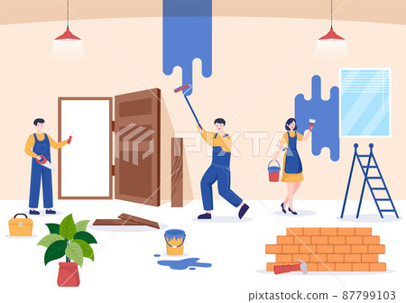 Home Renovation or Repair with Construction Tools, Laying Floor Tiles and Painting Wall to Good Decoration Condition in Flat Background Illustration 87799103