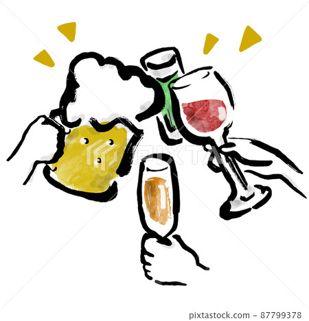 與清酒一起敬酒的手繪日式插圖 87799378